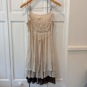Romantic Boho Fairy Lace Tiered Mini Dress Cream Brown Floral Crochet S Cottage